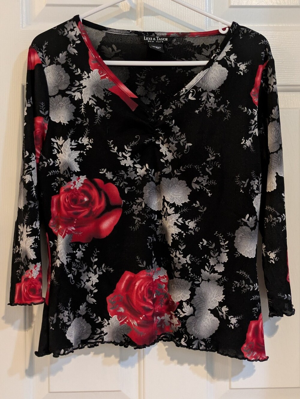 Black Long-Sleeve V-Neck Top with Red Rose Print